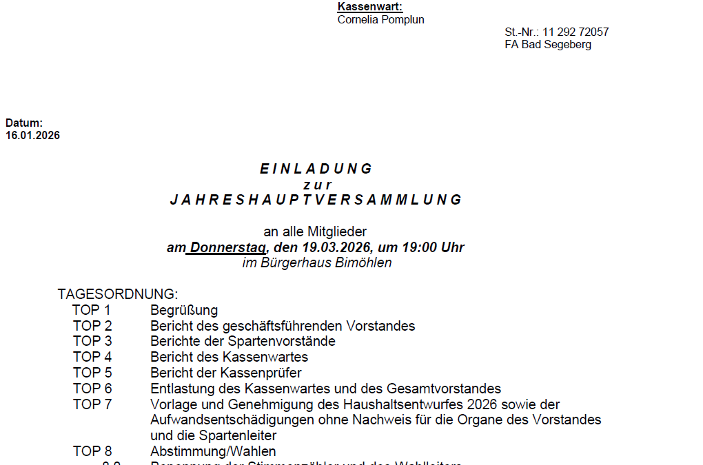 Einladung zur JHV 2026